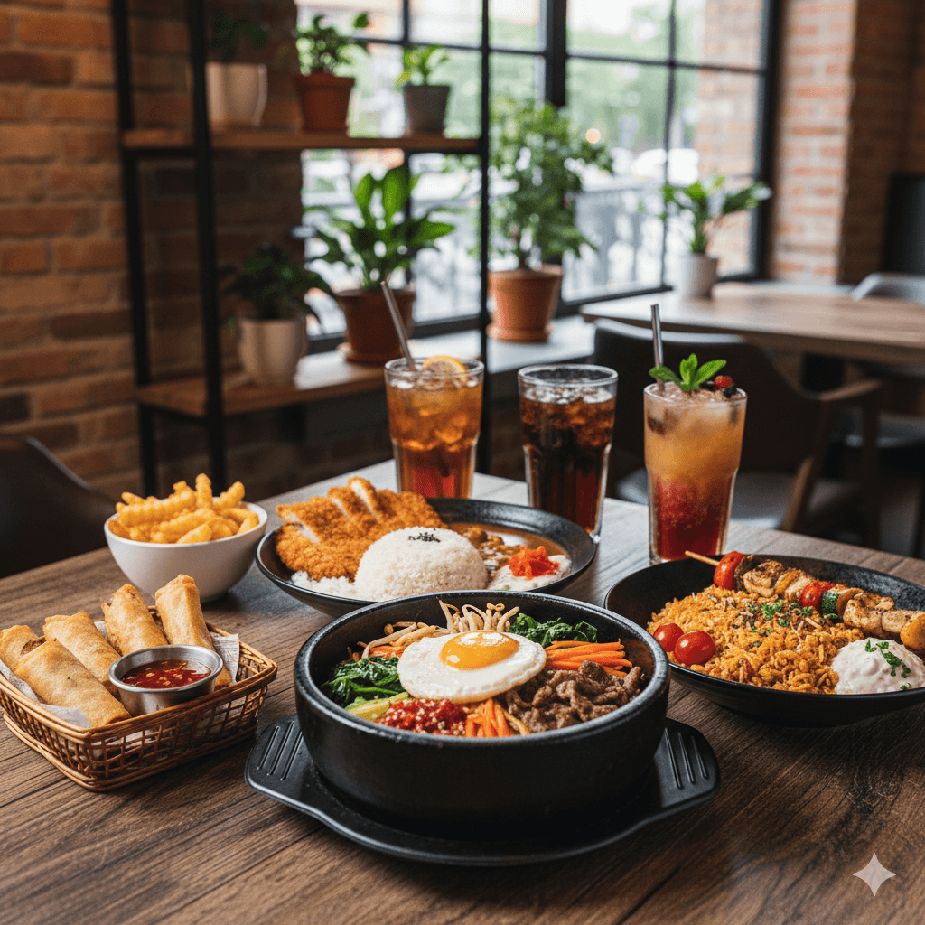 Assorted signature rice bowls and refreshing drinks on a wooden table.